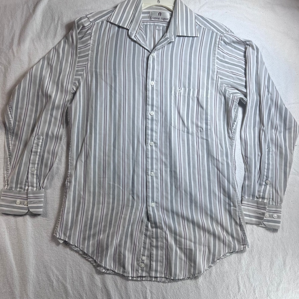 Etienne Aigner Mens Striped Long Sleeve Button Down Dress Shirt Grey White 15